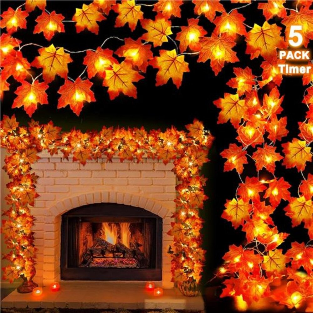 [ 5 Pack & Timer ] Fall Decor Fall Garland Lights Total 100LED 50Ft